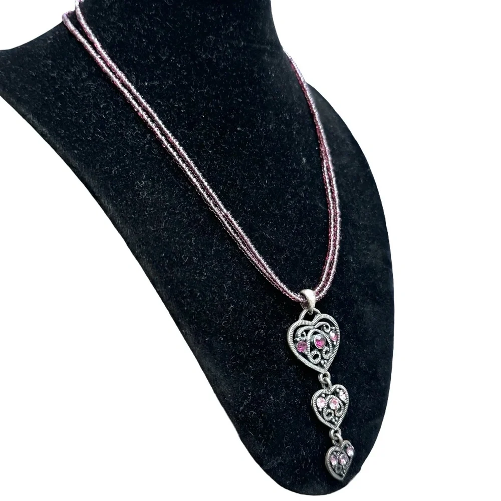 SILVER TONE 3 FILAGREE HEARTS W PURPLE CRYSTALS PENDANT ON PURPLE BEAD NECKLACE